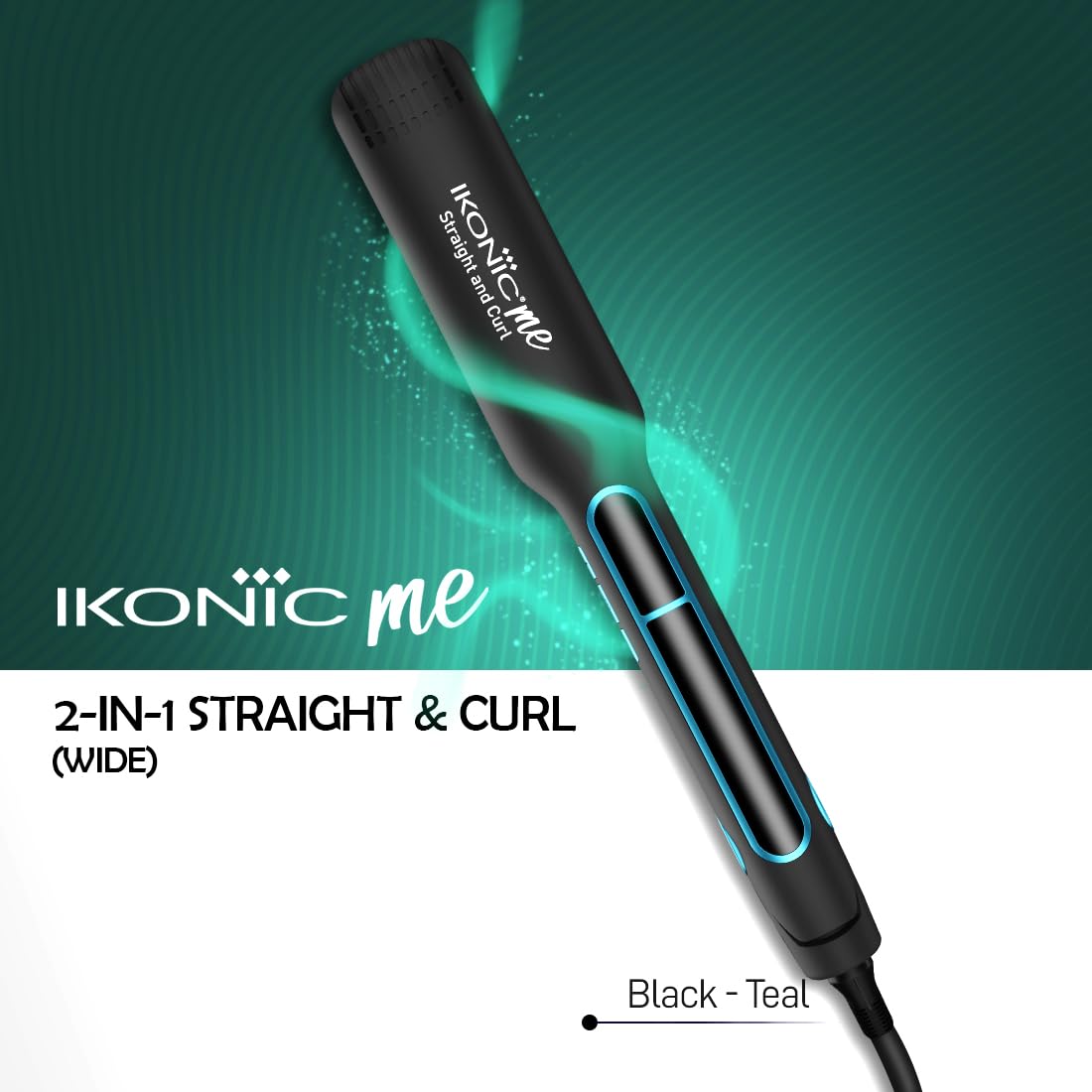 Ikonic 2 in 1 Staright n Curl Wide Hair Straightener (Wide - Black & Teal)