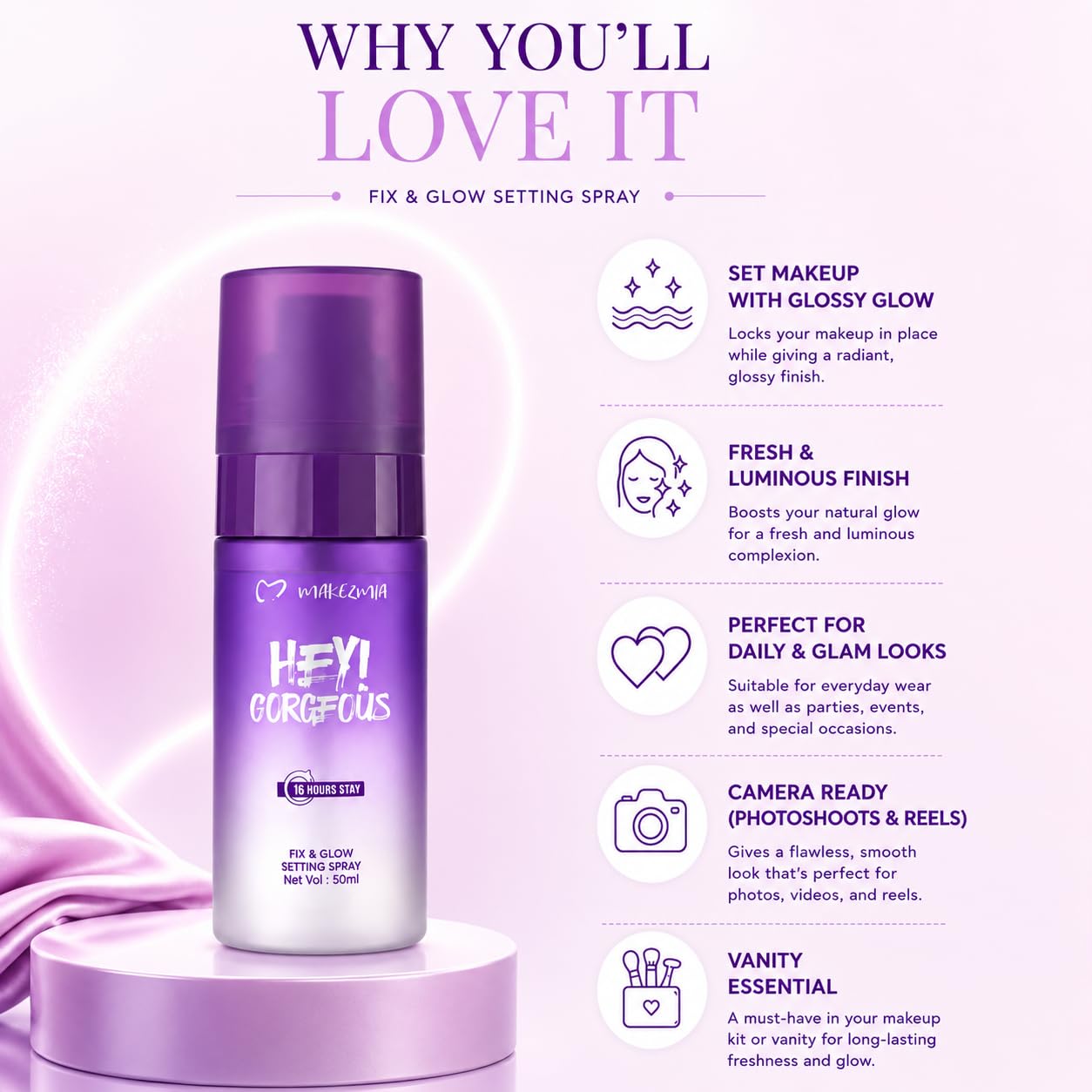 Makezmia Hey Gorgeous Makeup Setting Spray 50ml | Glossy Glow Makeup Fixer | Suitable for Daily Makeup Looks | Fresh Radiant Finish for Girls & Women | Ultra Fine Mist for Daily & Bridal Makeup