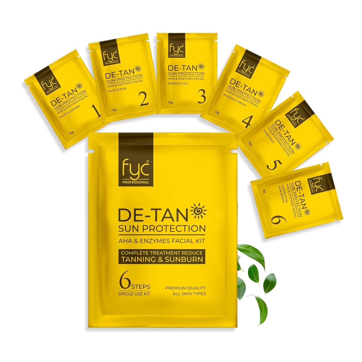 FYC PROFESSIONAL De-Tan Sun Protection Facial Kit | AHA & Enzymes | Reduces Tanning, Sunburn | 6 Step Complete Treatment | For All Skin Types 260g