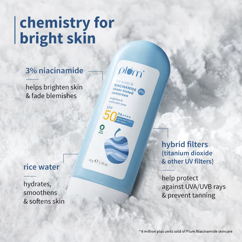 Plum Rice Water & 3% Niacinamide Sheer Tinted Sunscreen With SPF 50 PA++++, For Oily ToDrySkin