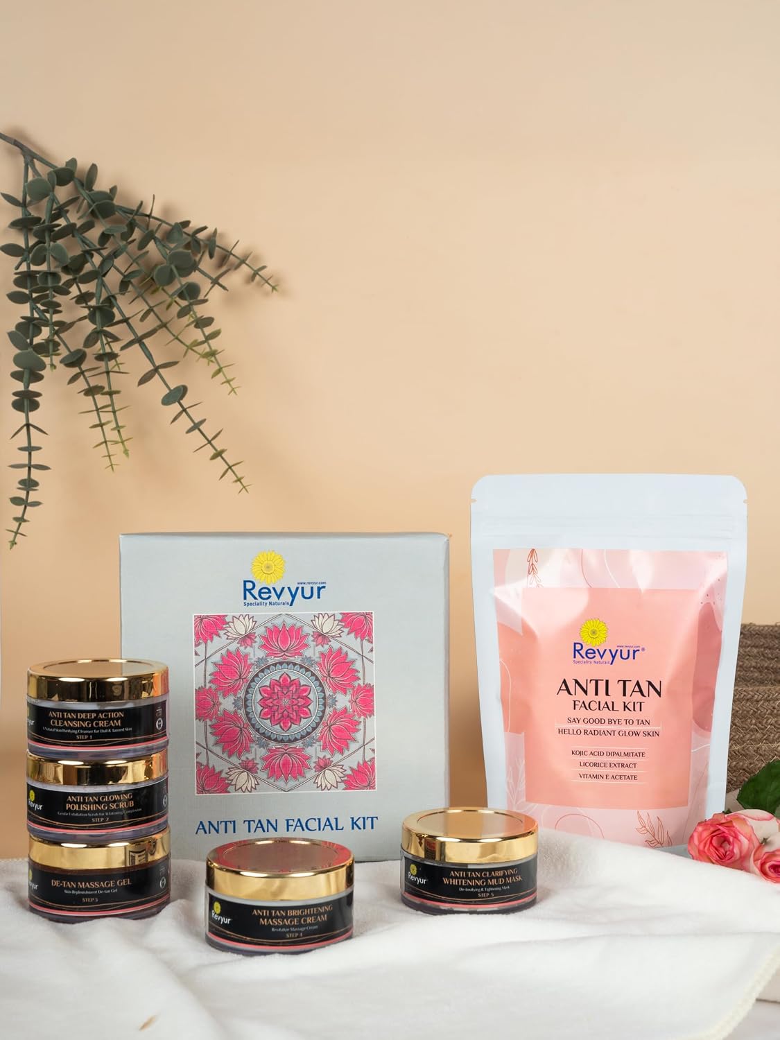 Revyur Anti Tan Facial Kit with 5 Products, Whitening Mud Mask, Massage Cream, Cleansing Cream, Polishing Scrub, De-tan Gel