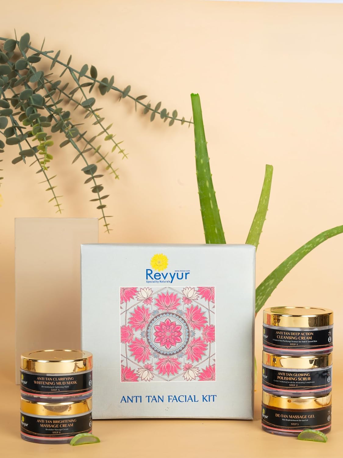 Revyur Anti Tan Facial Kit with 5 Products, Whitening Mud Mask, Massage Cream, Cleansing Cream, Polishing Scrub, De-tan Gel