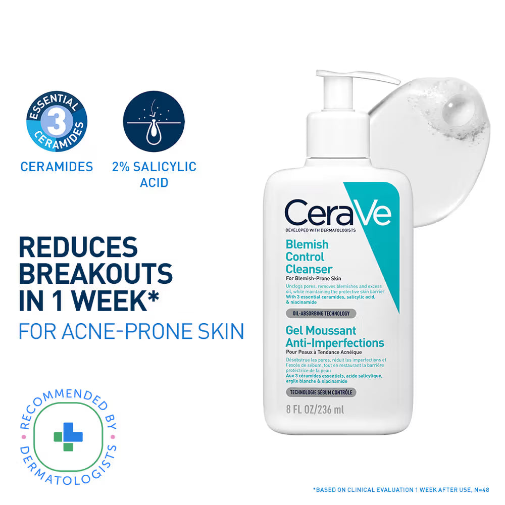 CeraVe Blemish Control Cleanser with 2% Salicylic Acid for Acne-Prone Skin