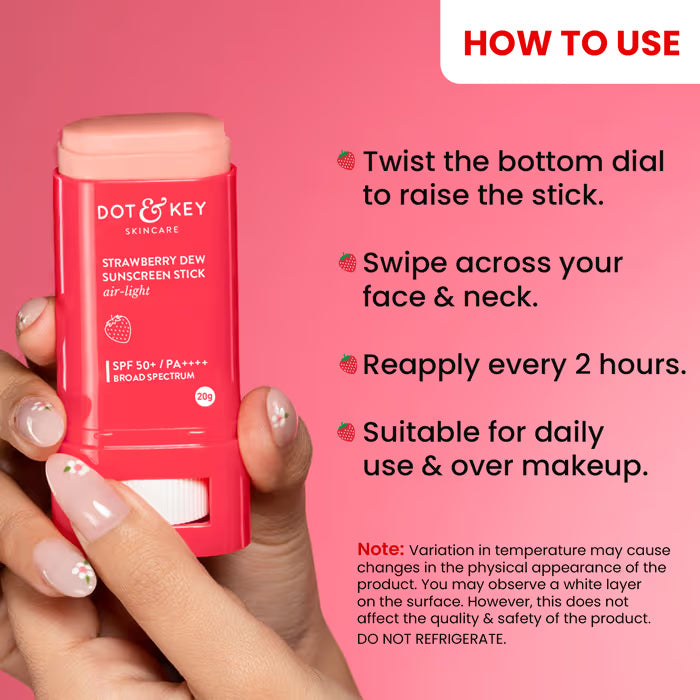 Dot & Key Strawberry Dew Sunscreen Stick In-Vivo Tested SPF 50+ PA++++, Makeup Friendly