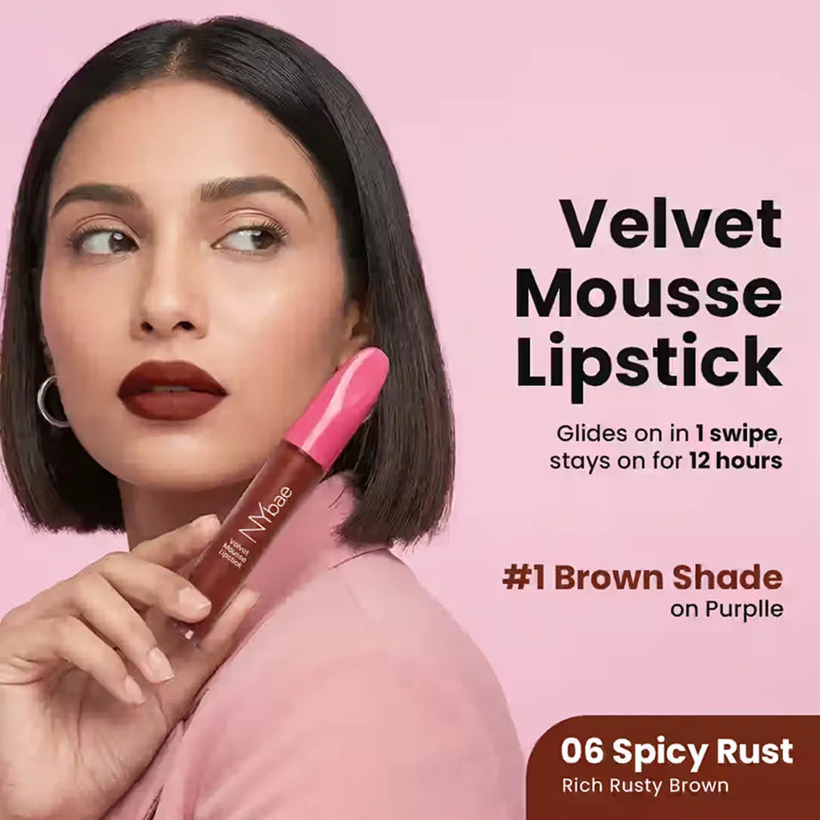 Velvet Mousse Liquid Lipstick - Spicy Rust 06 (6.5 ml) | Velvet Matte Finish | Transferproof | Smudgeproof | Ultra Light | Smooth