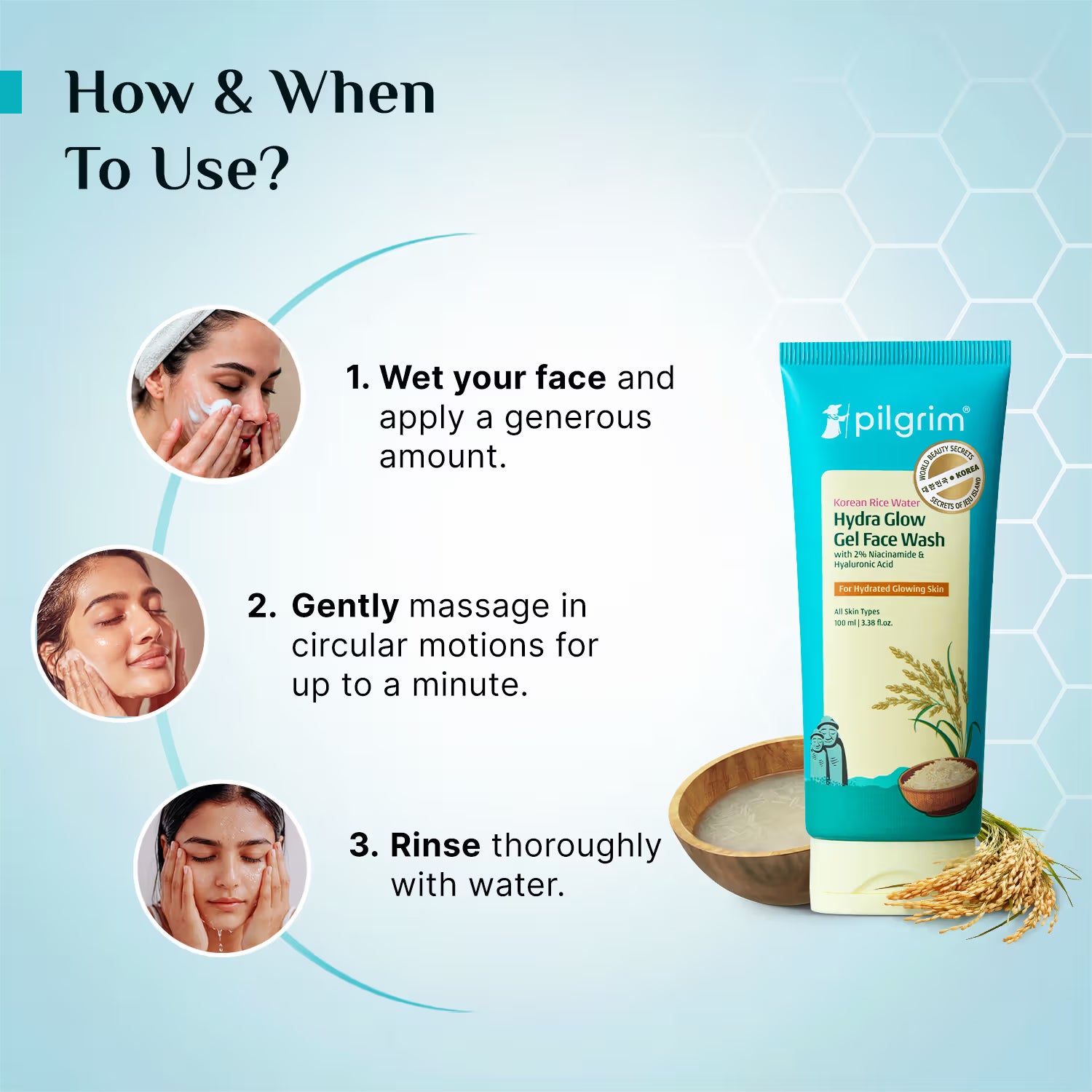 Pilgrim Korean Rice Water & 2% Niacinamide Hydra Glow Gel Face Wash