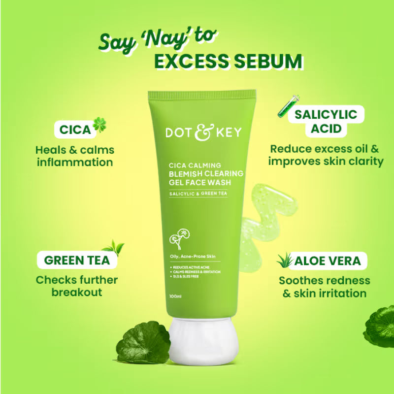 Dot & Key Cica Calming Blemish Clearing Gel Face Wash, Salicylic & Green Tea, Acne & Oil Control