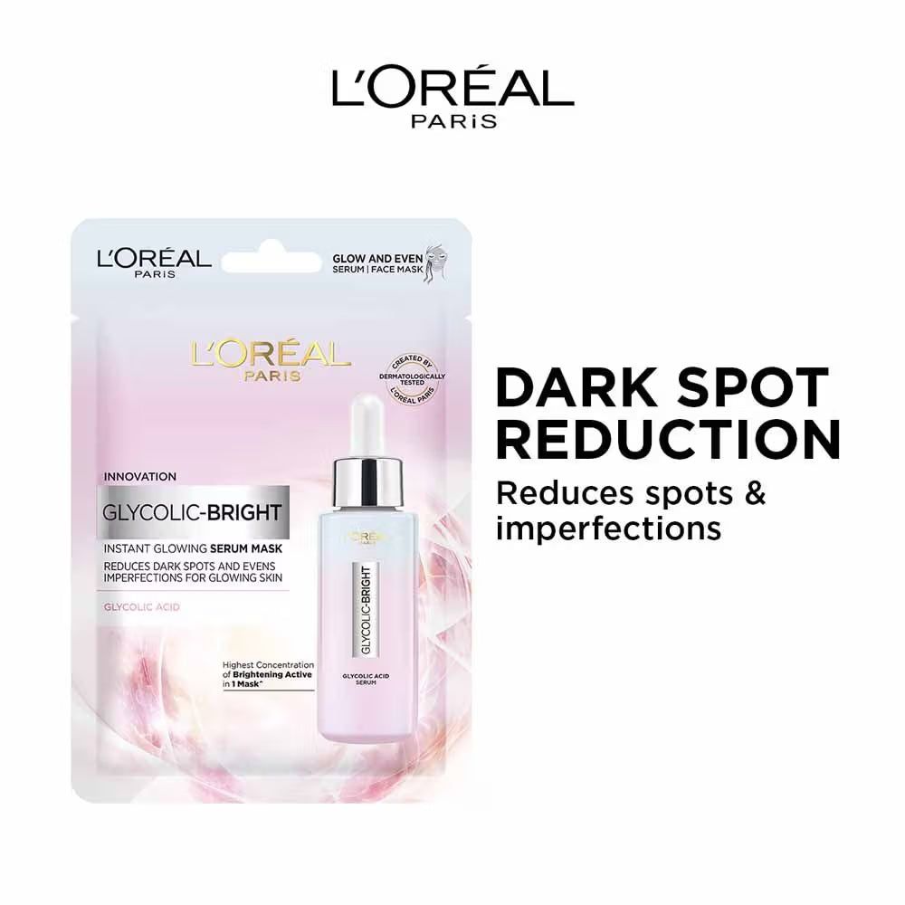 L'Oreal Paris Glycolic Bright Glowing Serum Sheet Mask, Face Mask for Glowing Skin (22G)