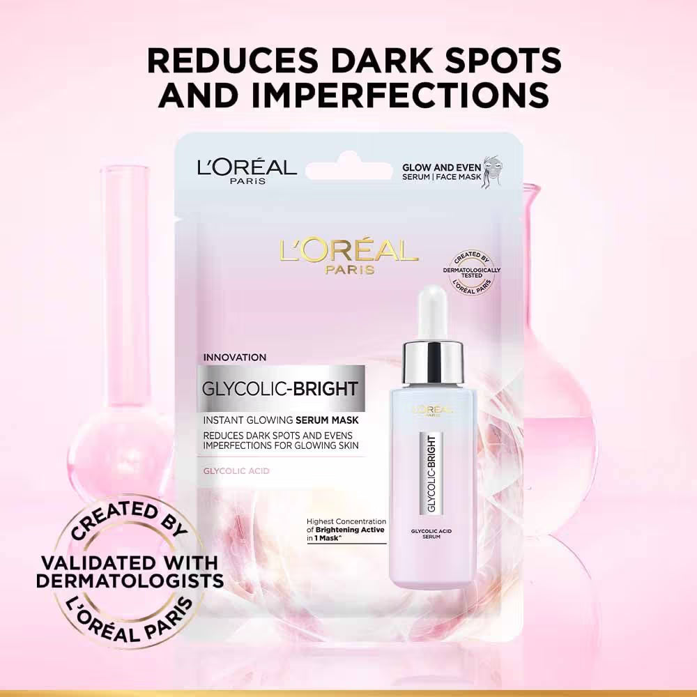 L'Oreal Paris Glycolic Bright Glowing Serum Sheet Mask, Face Mask for Glowing Skin (22G)