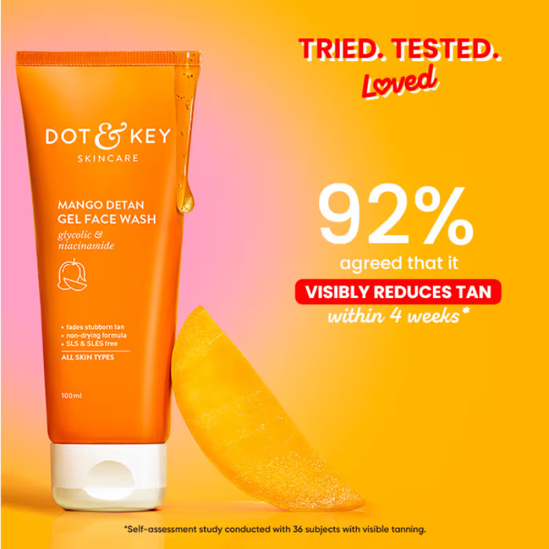 Dot & Key Mango Detan Gel Gel Face Wash, With Alpha-Arbutin & Niacinamide, Reduces Stubborn Tan