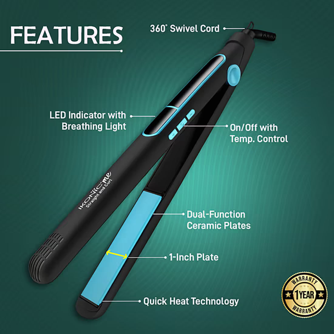 Ikonic Me 2 In 1 Straight and Curl Slim - Black