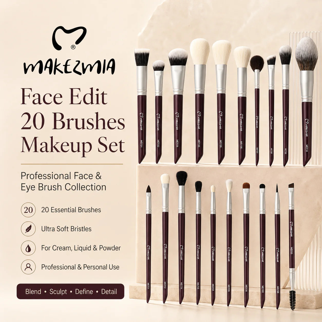 MAKEZMIA Face Edit 20 Brushes Makeup Set
