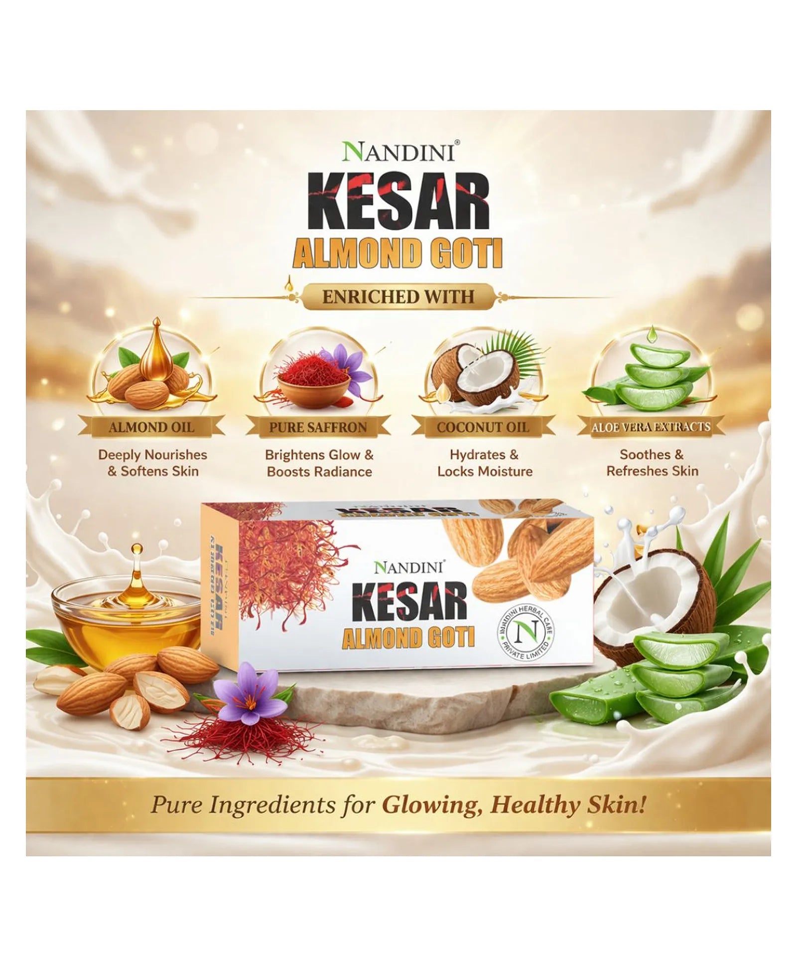 Nandini Herbal Kesar Almond Goti Soap, With Almond oil, Saffron extract, For Fairness & Shining to skin