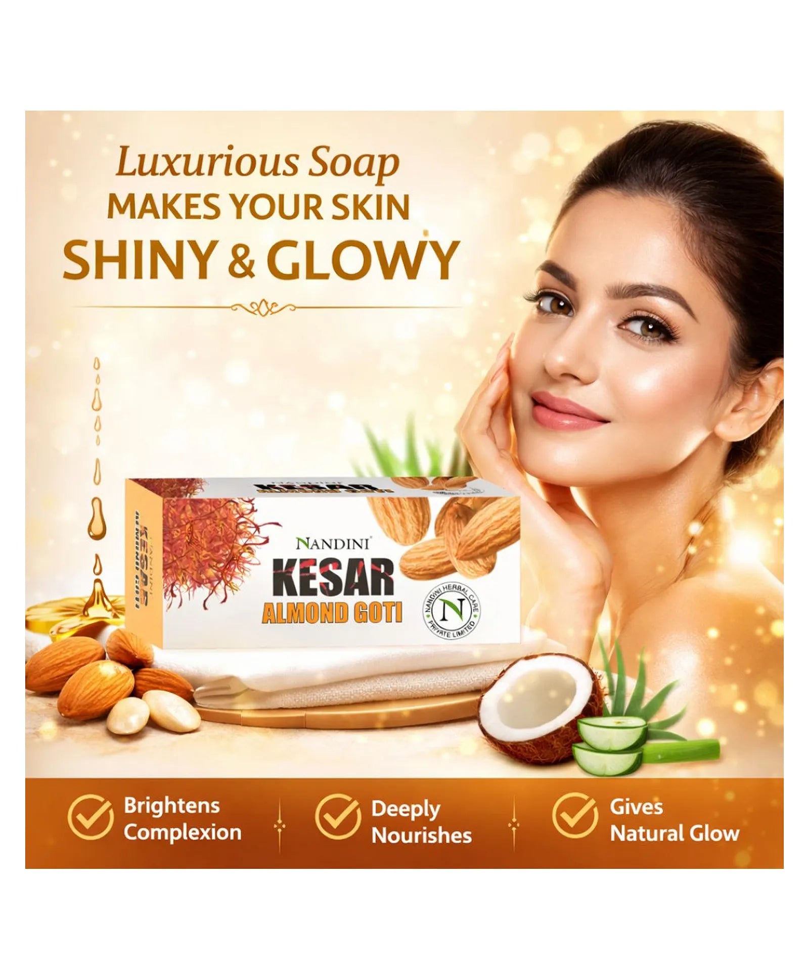 Nandini Herbal Kesar Almond Goti Soap, With Almond oil, Saffron extract, For Fairness & Shining to skin