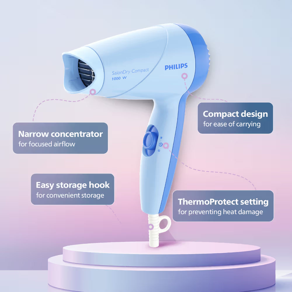 Philips 1000W Compact Hair Dryer - Blue