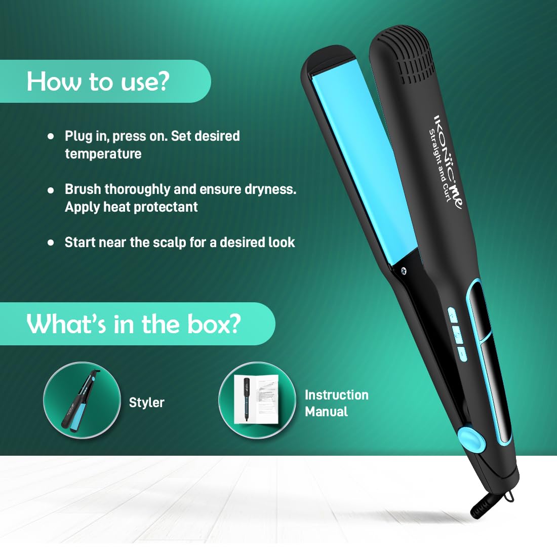 Ikonic 2 in 1 Staright n Curl Wide Hair Straightener (Wide - Black & Teal)