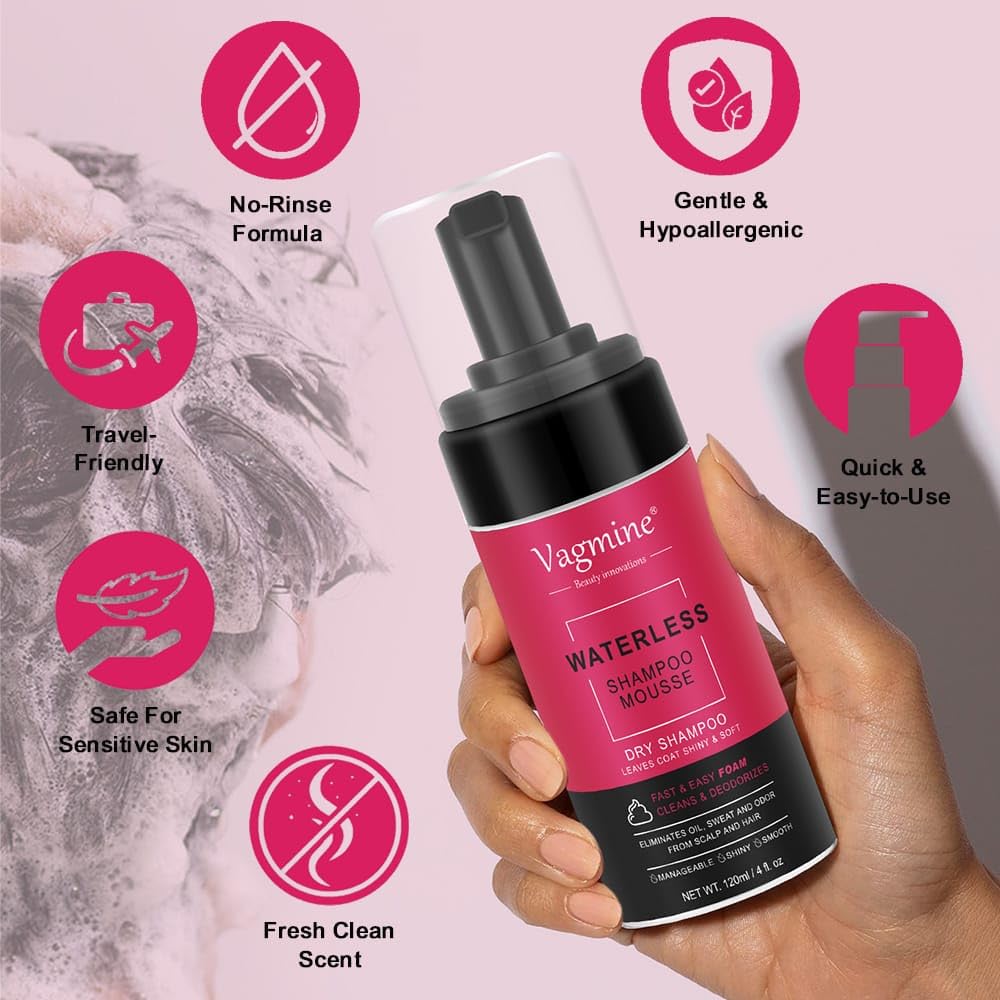 VAGMINE Waterless Shampoo Mousse, Dry Shampoo - 120ml | Fast & Easy Foam Cleanser | Leaves Hair Shiny, Soft & Fresh | Ideal for Quick Cleanups, No Water Needed | Convenient Hair Care Solution
