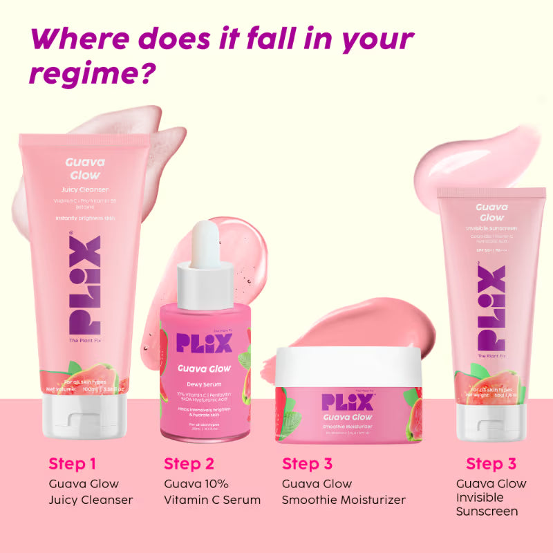 Plix Guava Even Tone Kit With Cleanser, Under Eye Gel, SPF 50+ Sunscreen & 10% Vitamin C Serum