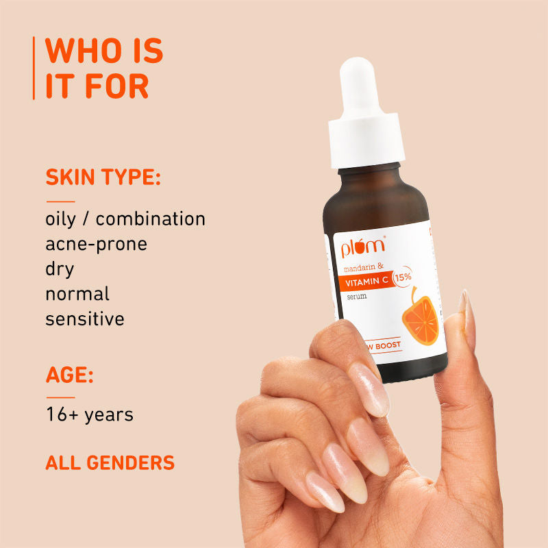 Plum Mandarin & 15% Vitamin C Glow Face Serum Dermat Tested To Fight Dark Spots & Dull Skin
