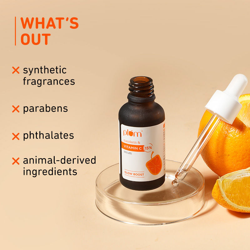 Plum Mandarin & 15% Vitamin C Glow Face Serum Dermat Tested To Fight Dark Spots & Dull Skin