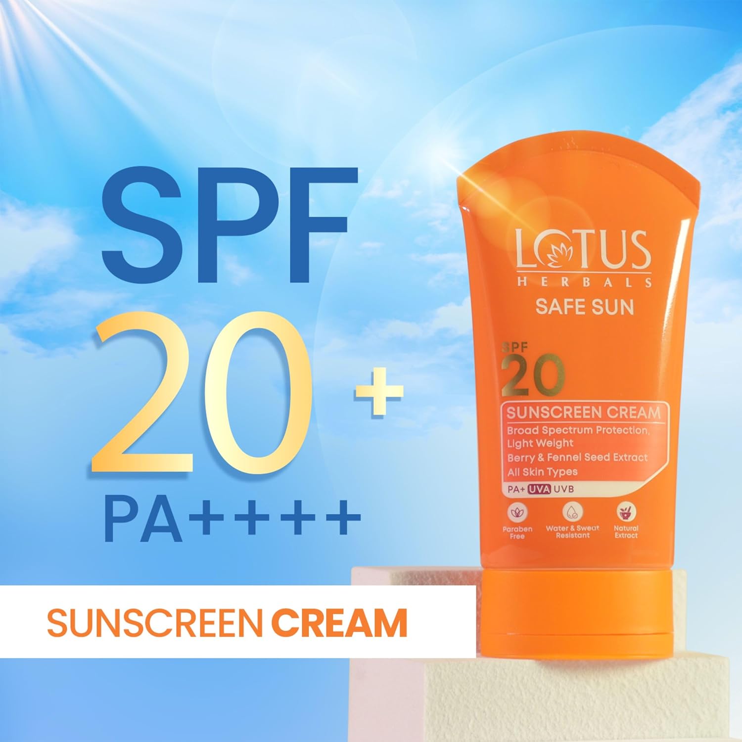 Lotus Herbals Safe Sun Sunscreen Cream SPF 20 | Broad Spectrum UVA/UVB Protection | Lightweight & Non-Greasy | For All Skin Types