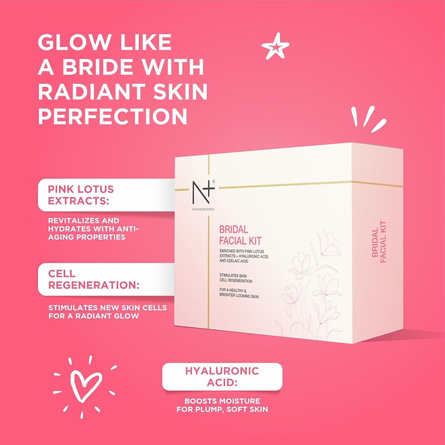 N PLUS Bridal Facial Kit, Enriched With Pink Lotus Extracts + Hyaluronic Acid & Azelaic Acid, For A Healthy & Brighter Looking Skin 540GM