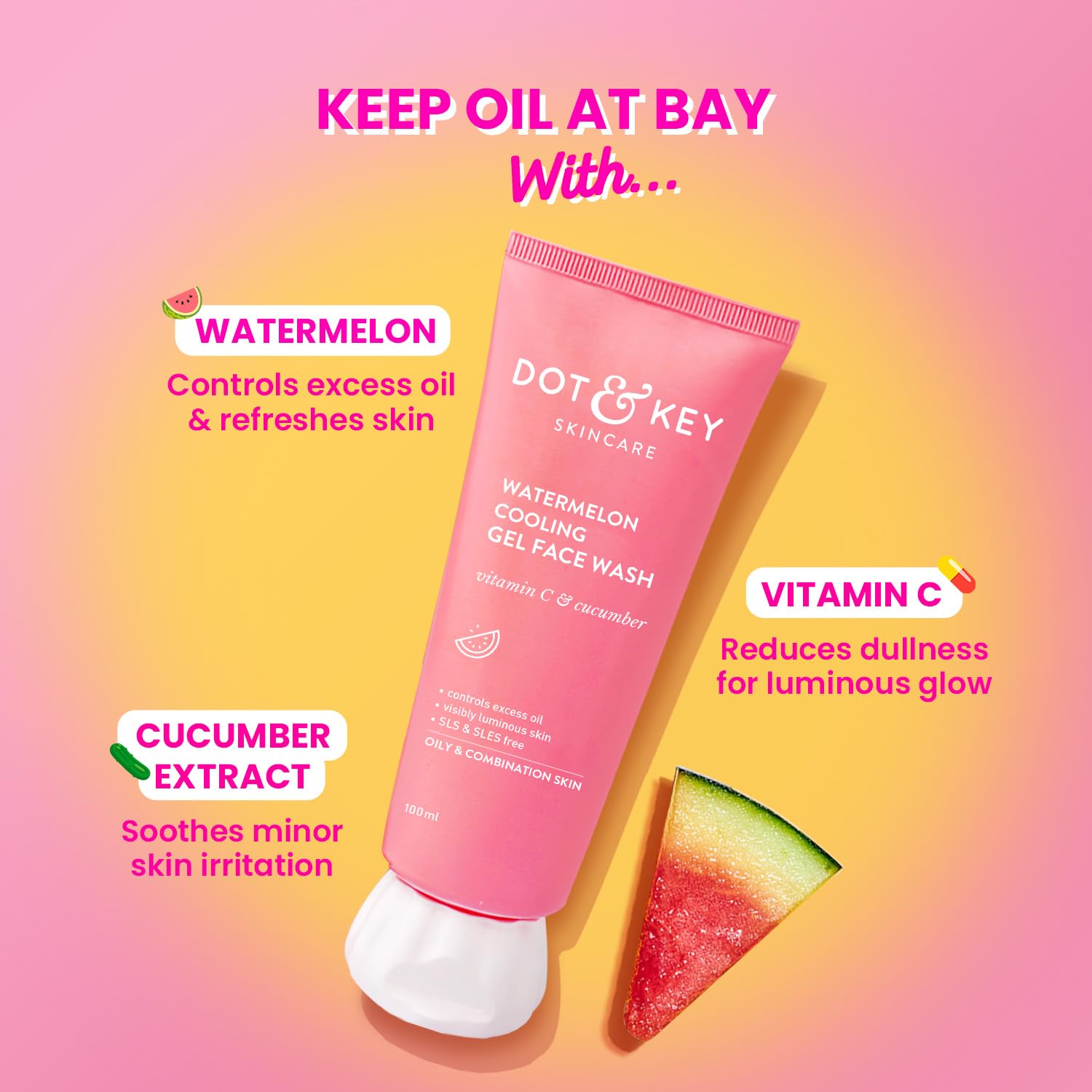 Dot & Key Watermelon Cooling Gel Face Wash With Vitamin C & Cucumber | Face Wash For Glowing Skin|Oil Free |Removes Excess Oil & Dirt | For Combination & Oily Skin| For Women & Men