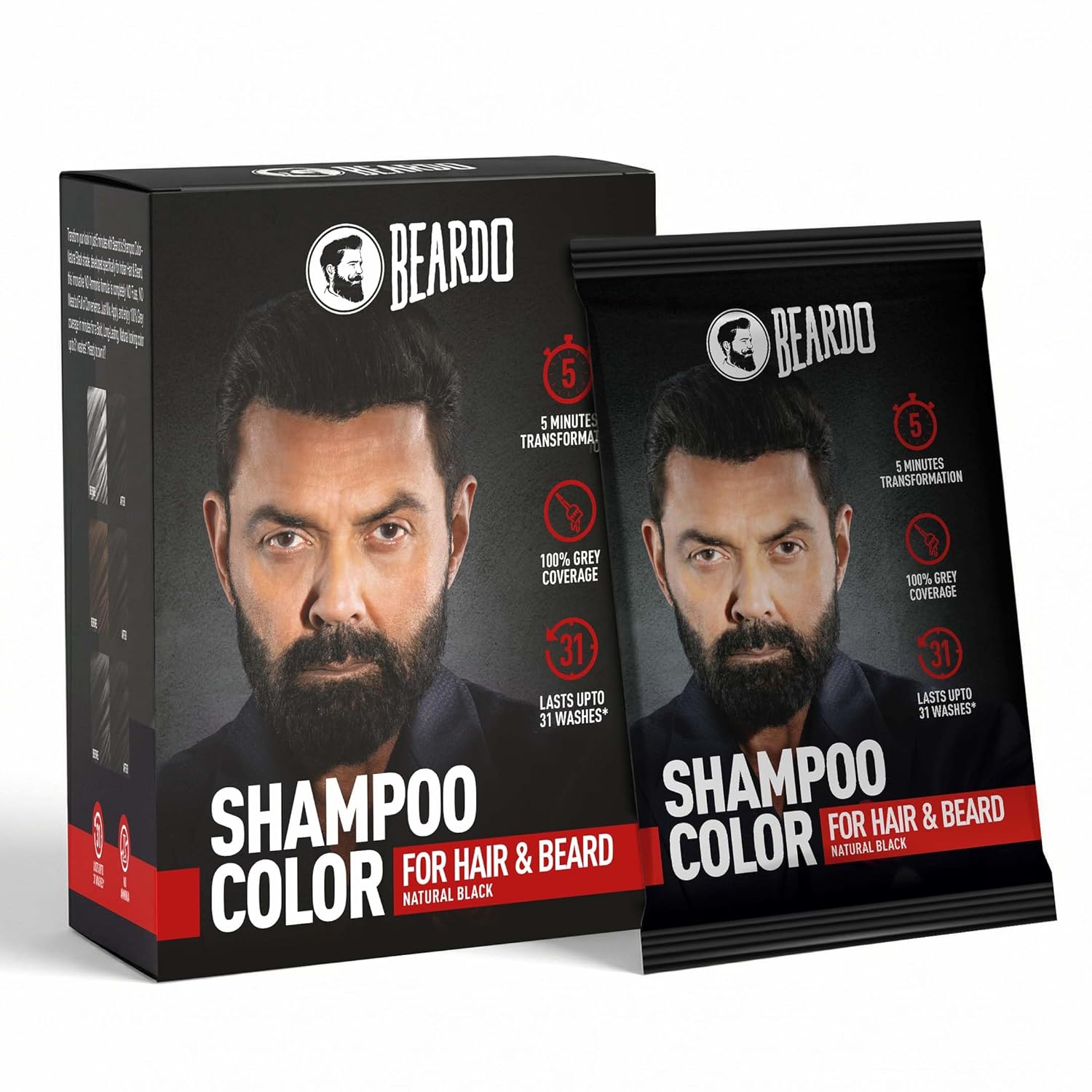 BEARDO Beard & Hair Shampoo Color | Natural Black | 100% Grey Coverage | 5 Minute Hair Colour | Ammonia Free | With Natural Actives | No Stain Beard Colour