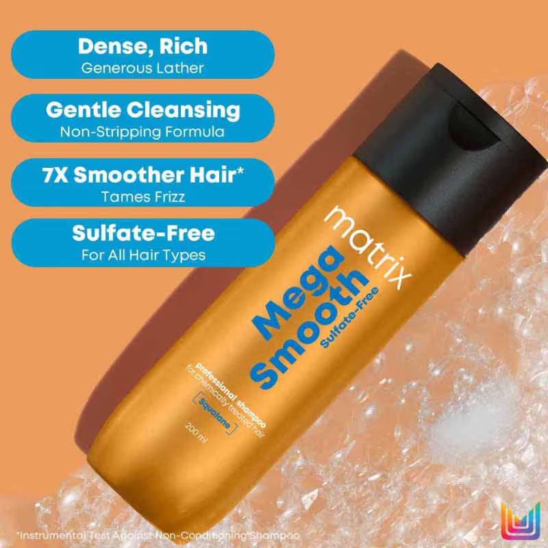 Matrix Mega Smooth Sulfate-Free Anti-Frizz Shampoo with Squalene for bond repair & 7x smoother hair