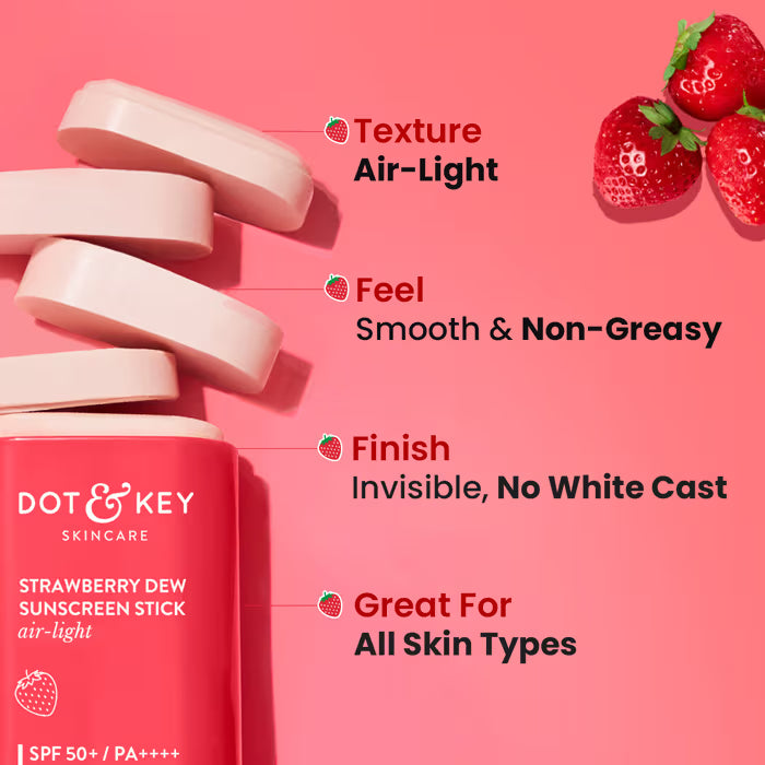 Dot & Key Strawberry Dew Sunscreen Stick In-Vivo Tested SPF 50+ PA++++, Makeup Friendly