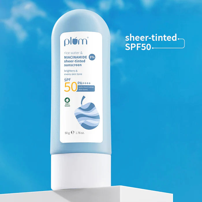 Plum Rice Water & 3% Niacinamide Sheer Tinted Sunscreen With SPF 50 PA++++, For Oily ToDrySkin