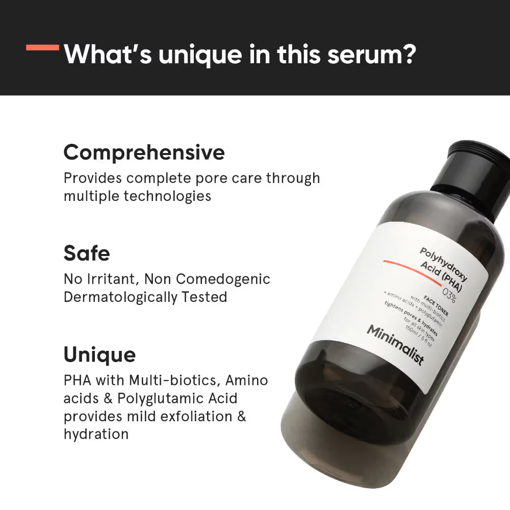 Minimalist 3% Polyhydroxy PHA Face Toner With Multi Biotics For Minimizing Pore Size & Hydrating Skin