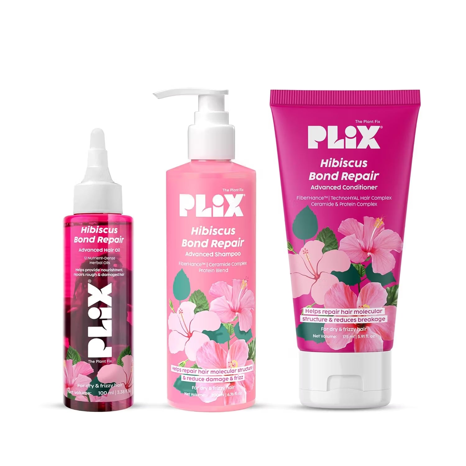Plix Hibiscus Bond Repair Advanced Hair Oil, Shampoo & Conditioner