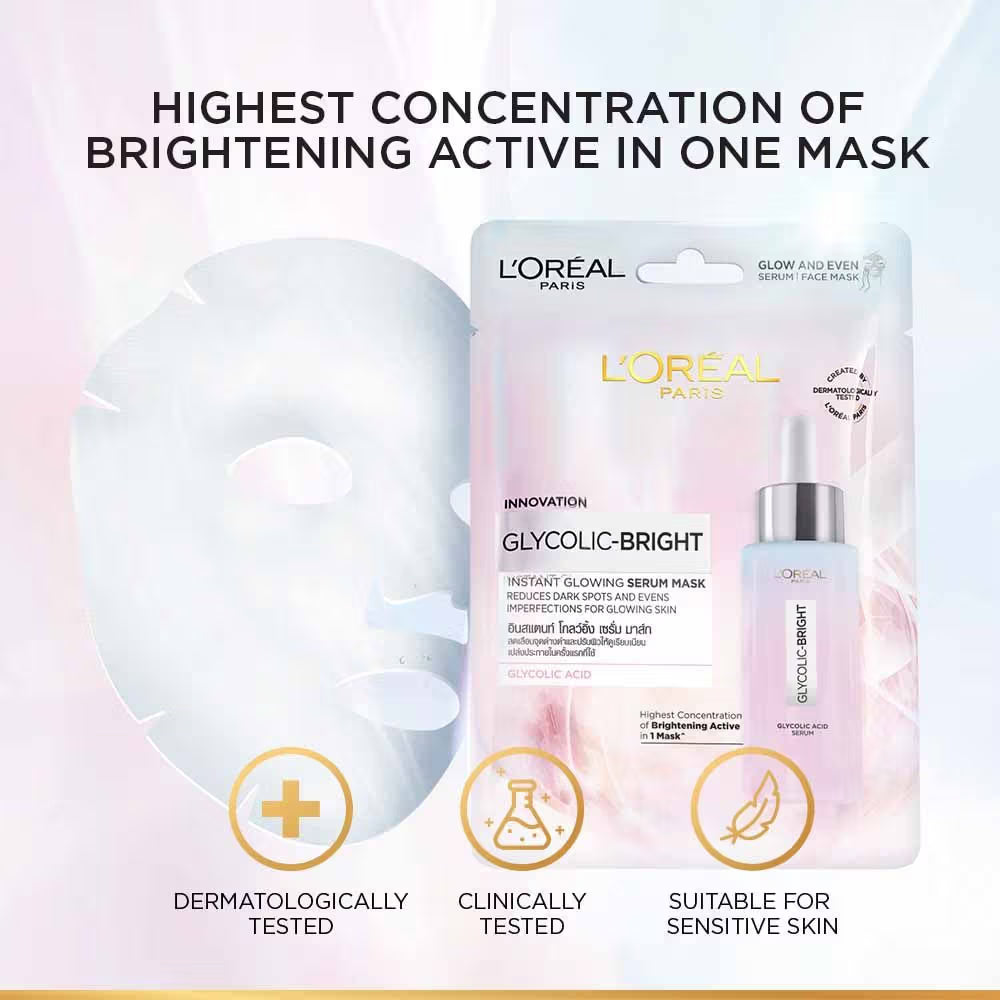 L'Oreal Paris Glycolic Bright Glowing Serum Sheet Mask, Face Mask for Glowing Skin (22G)