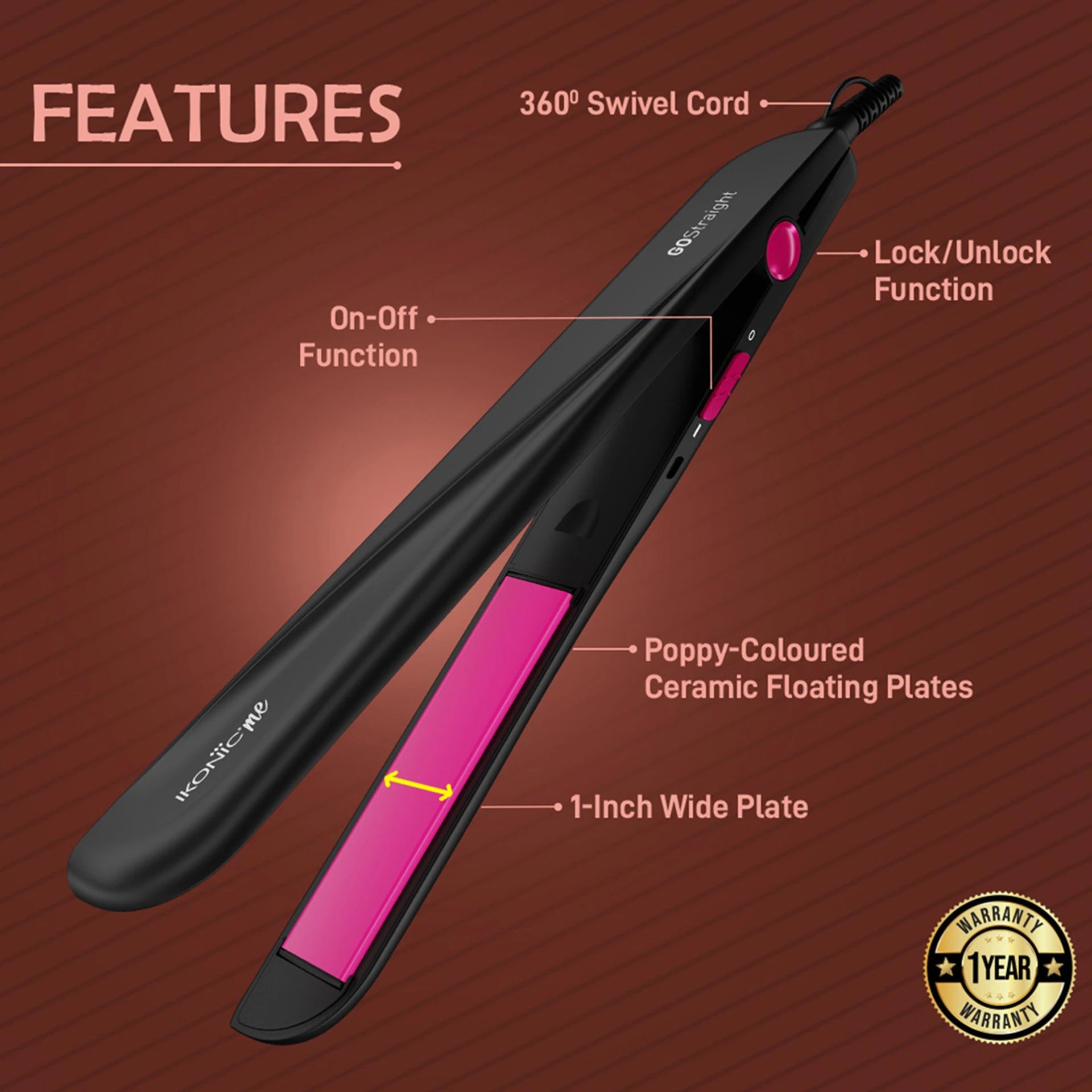 IKONIC ME IKP-GSB Go Straight Hair Straightener (Pink)